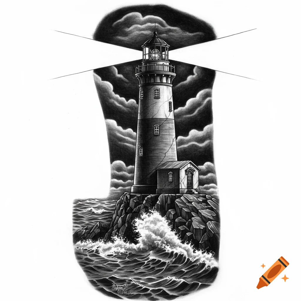 A black and white tattoo-style drawing of a lighthouse on a rocky cliff with crashing waves and dark, cloudy skies.