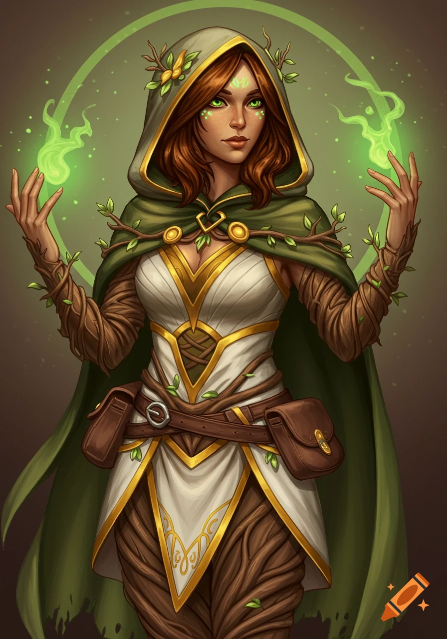 A fantasy illustration of a druid with brown hair and green eyes, wearing a hooded green and white cloak with bark-like arms, conjuring green magic.