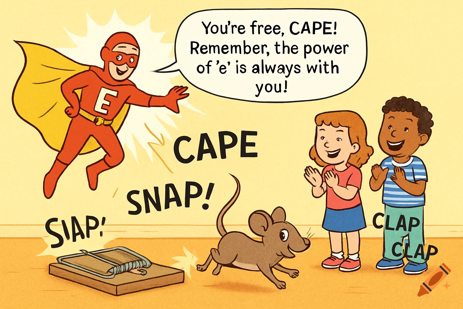 A cartoon superhero with an 'E' on his chest frees a mouse named CAPE from a mousetrap while two children cheer and clap. Text reads 'You're free, CAPE! Remember, the power of 'e' is always with you!' and sound effects 'CAPE', 'SNAP!', 'SIAP!', 'CLAP CLAP'.