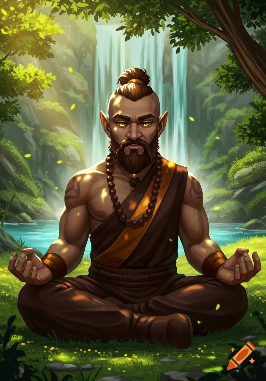 A bearded fantasy monk with glowing yellow eyes meditates in a cross-legged position by a waterfall, surrounded by lush green foliage. Digital art.