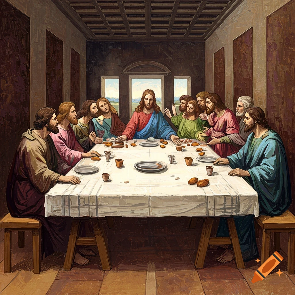 A painterly depiction of Jesus and his disciples gathered around a long table, reminiscent of The Last Supper.
