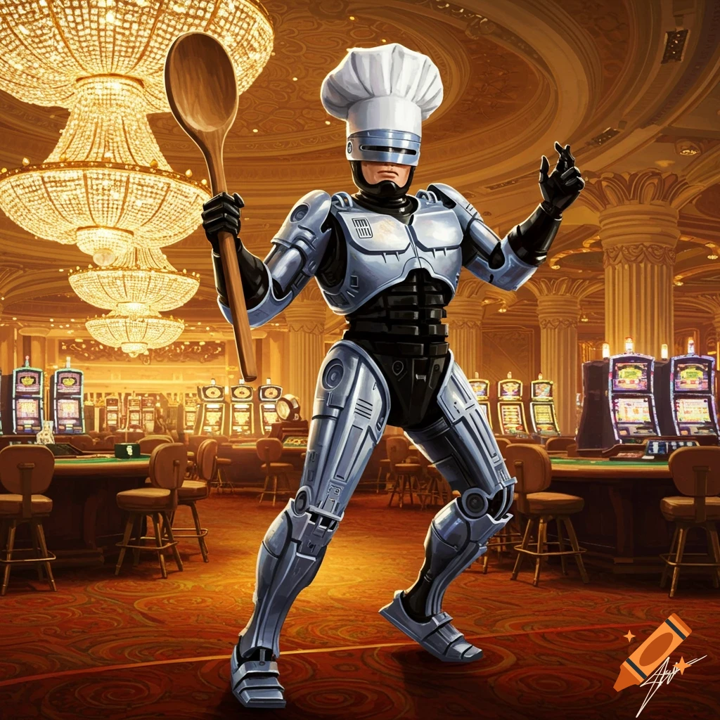 Robocop dressed as a chef, holding a wooden spoon, dancing in a luxurious casino with chandeliers and slot machines.