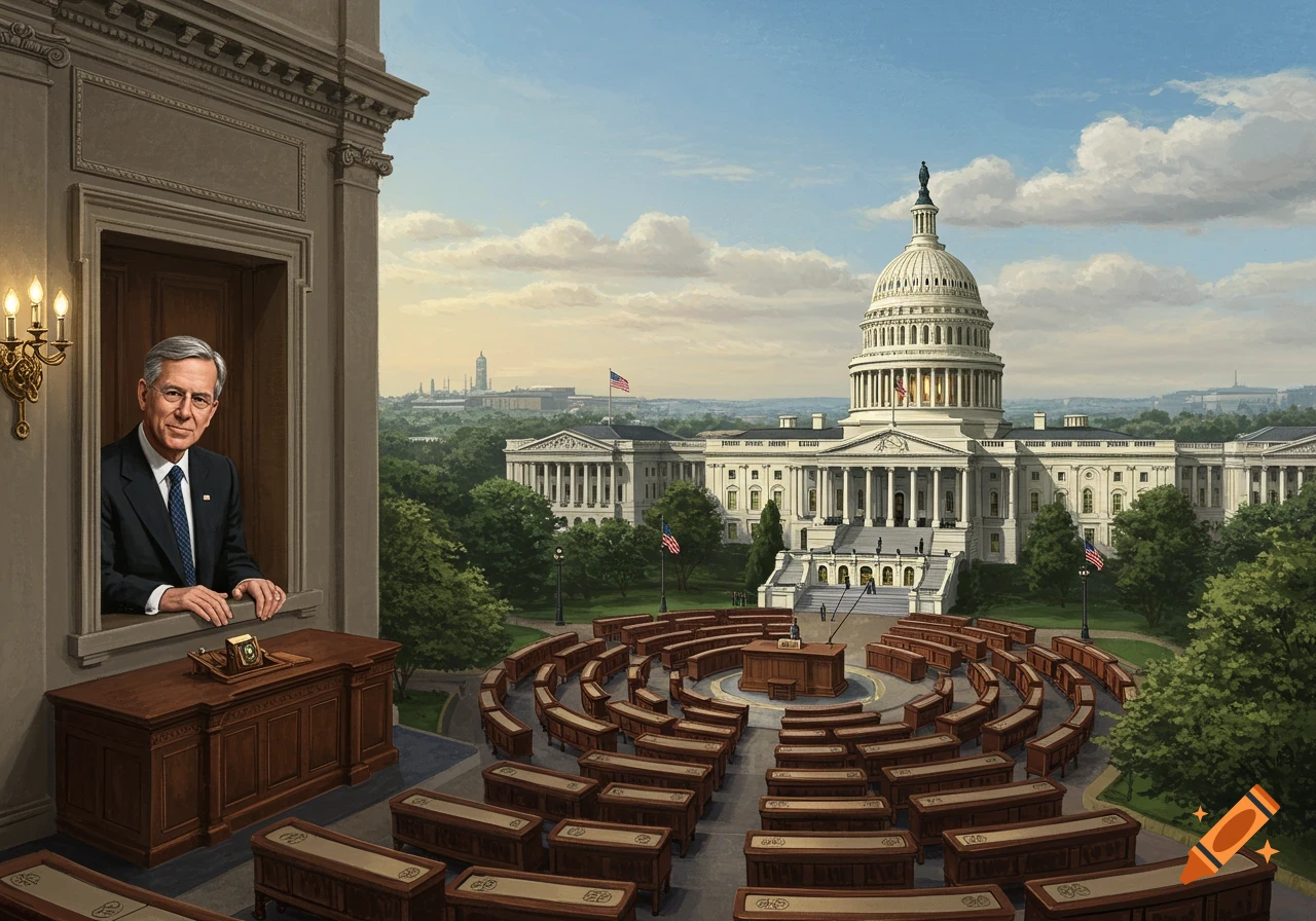 A man in a suit looks out from a window overlooking the US Capitol building and an outdoor legislative assembly area.