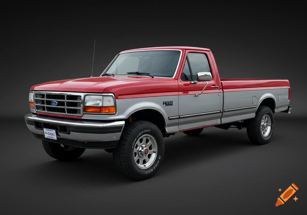 A red and silver two-tone 1994 Ford F-250 single cab long bed pickup truck on a dark background.