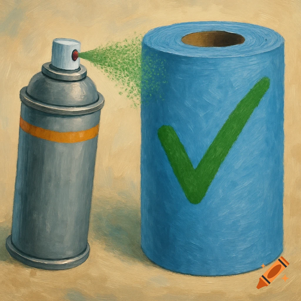 A gray spray can sprays green paint, forming a large green checkmark on a blue cylindrical roll, depicted in a painterly style.