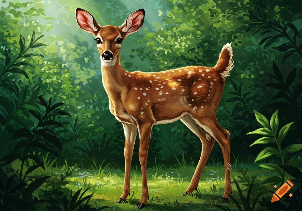 A vibrant illustration of a brown doe deer with white spots standing in a sunlit green forest.