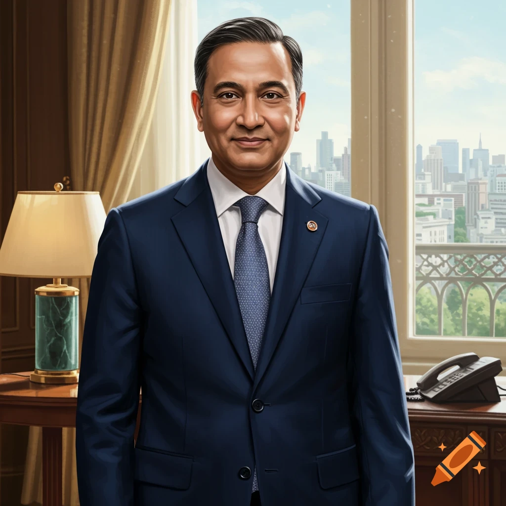 A photorealistic portrait of a smiling man in a dark blue suit and tie, standing in an office with a city skyline view.