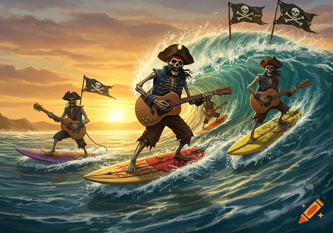 Stylized illustration of skeleton pirates surfing on ocean waves at sunset, playing guitars while pirate flags wave in the background.