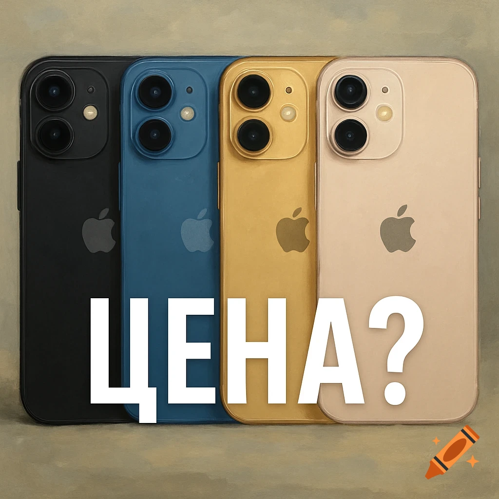 Four iPhones in black, blue, gold, and rose gold lined up with the Russian word 'ЦЕНА?' (Price?) overlaid in white.