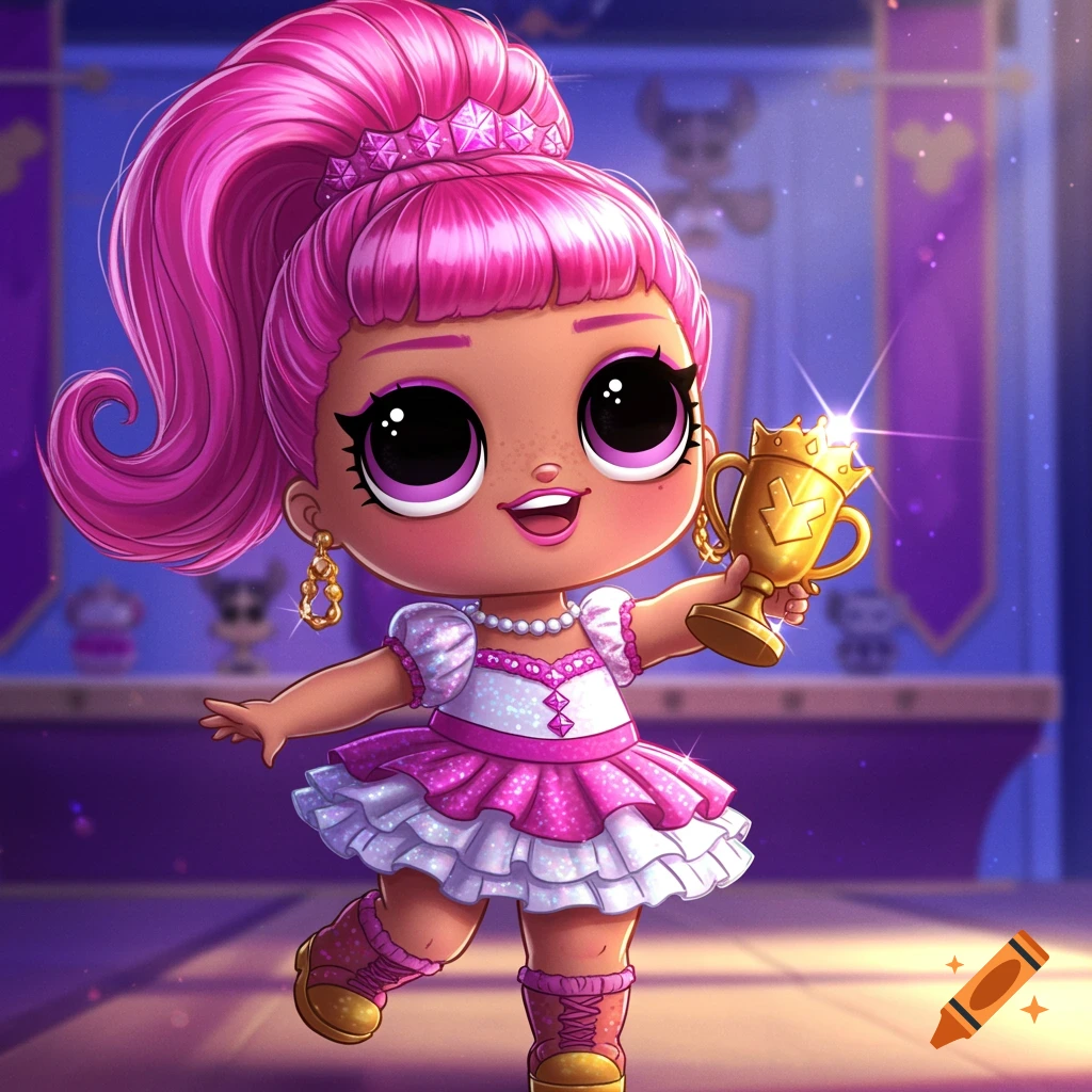 A cute stylized doll with pink hair, wearing a sparkly pink dress and a crown, holding a gold trophy in a regal purple setting.
