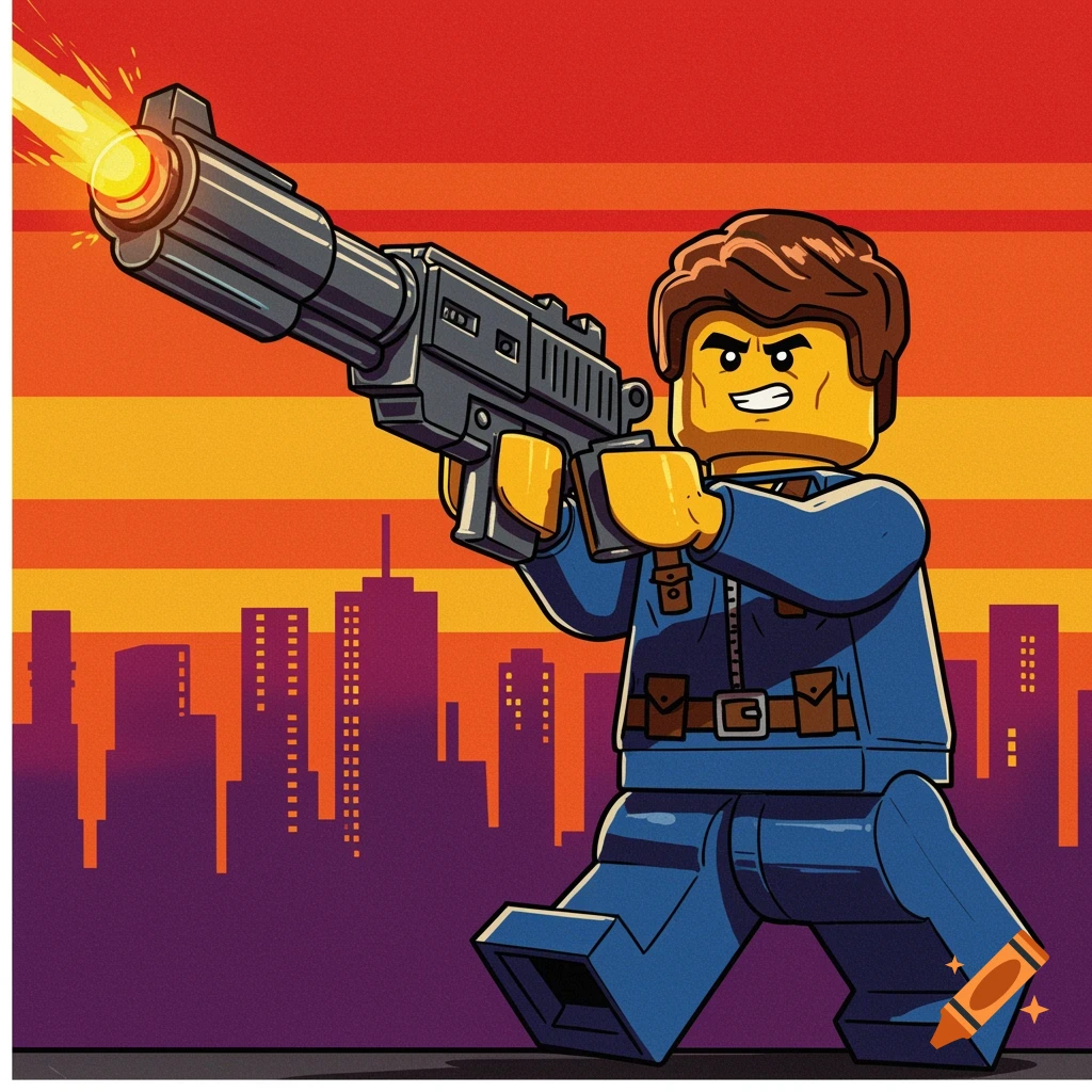 An illustration of a Lego man in a blue uniform firing a gun against a cityscape and a sunset sky.