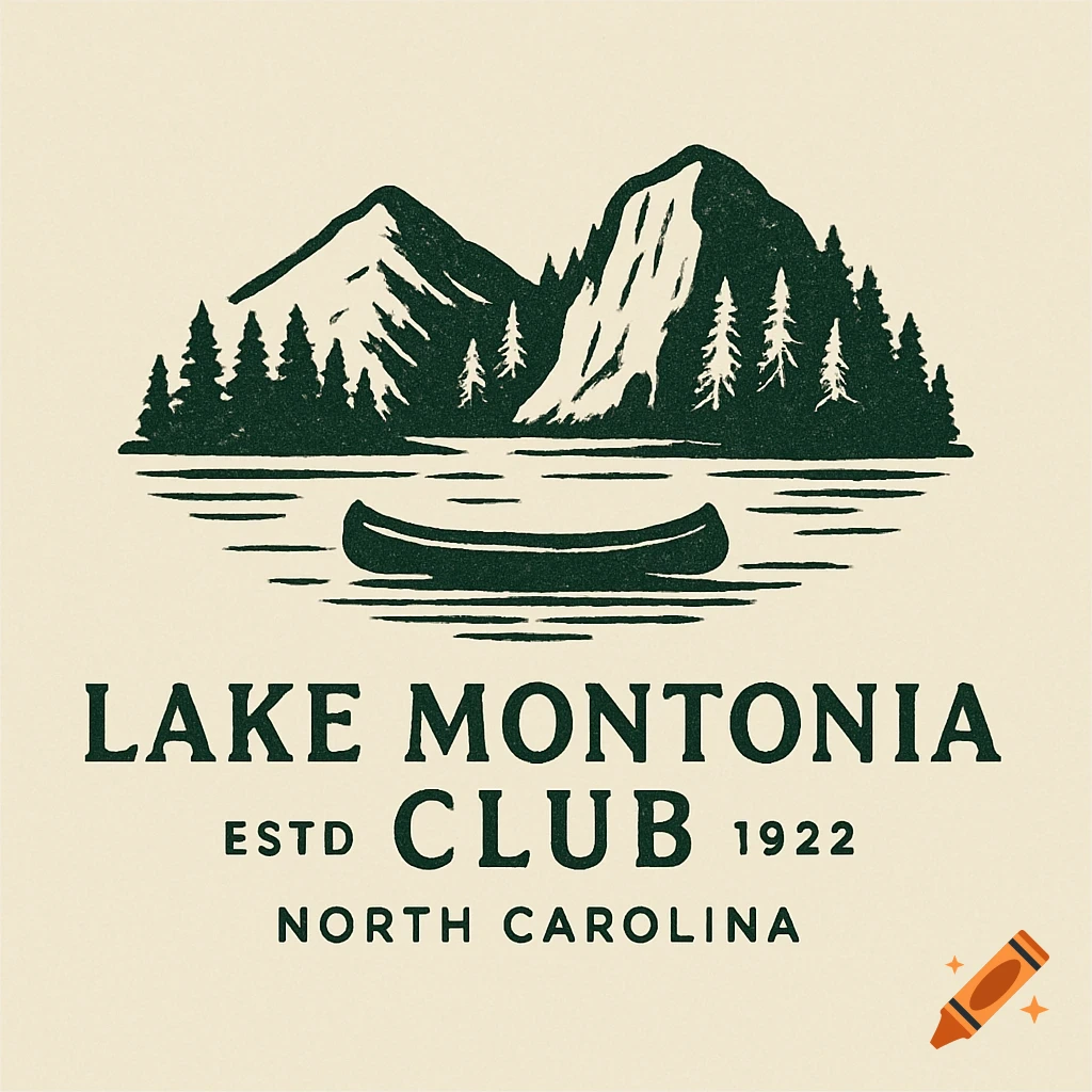 A vintage-style logo with dark green mountains, trees, and a canoe on a lake, with text "Lake Montonia Club ESTD 1922 North Carolina".