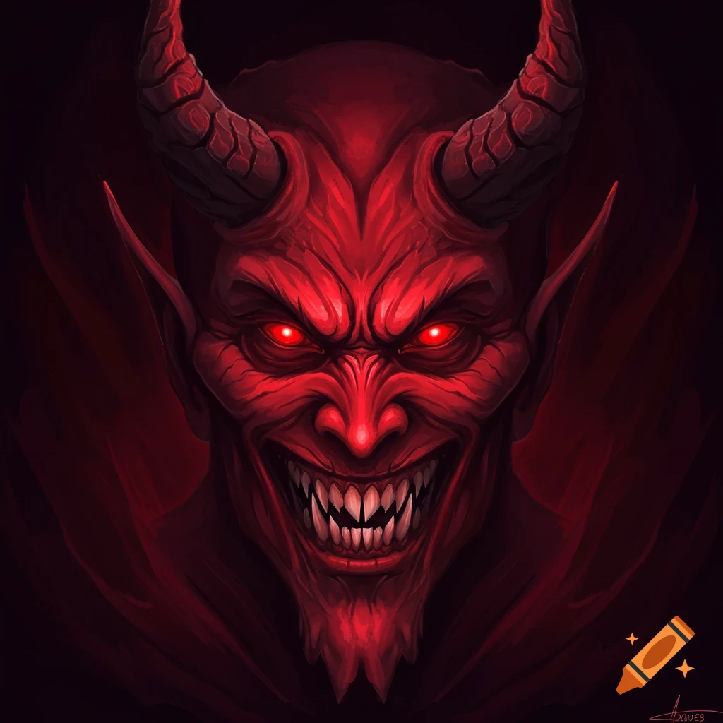 Close-up of a red-skinned devil with horns, glowing red eyes, and a wide, menacing grin showing sharp teeth, digital painting.