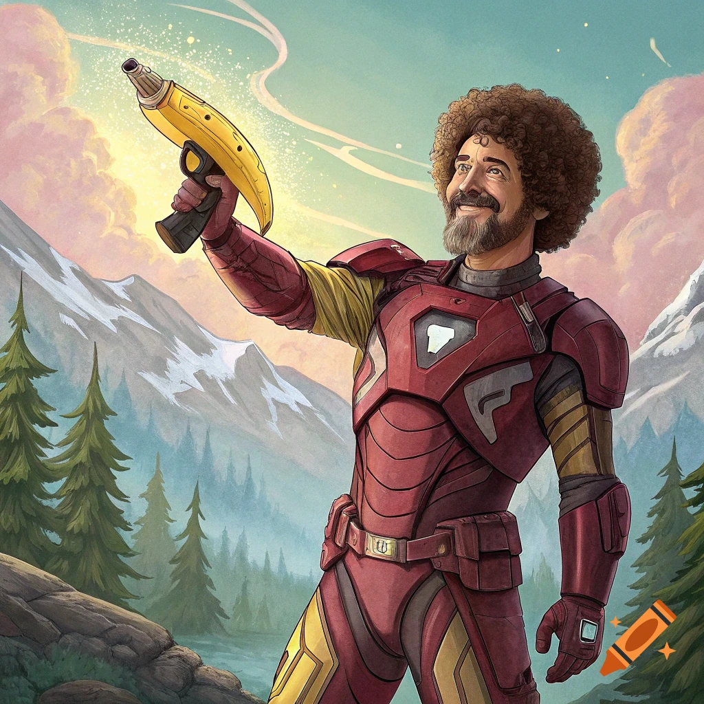 Bob Ross in an Iron Man suit holds a glowing banana gun, smiling, against a backdrop of mountains and a vibrant sky, in an illustrated style.