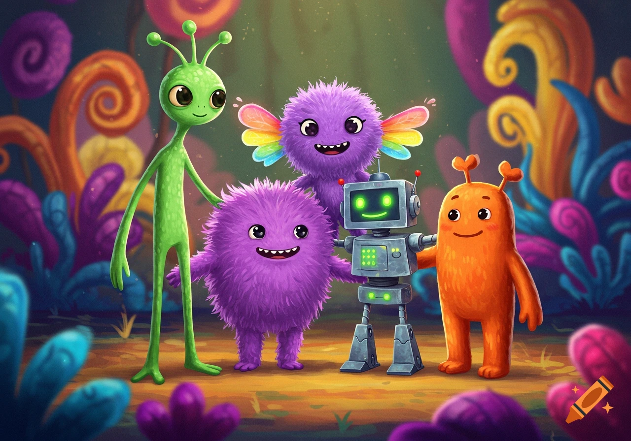 A green alien, two fluffy purple monsters, and a gray robot stand together in a colorful, whimsical alien landscape.