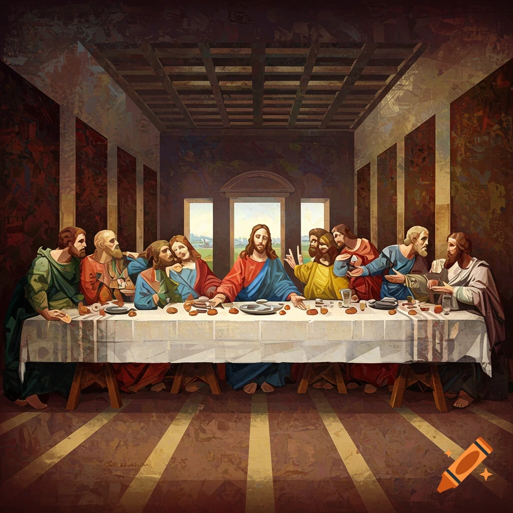 An abstract painting depicting Jesus and his disciples gathered around a long table for the Last Supper.