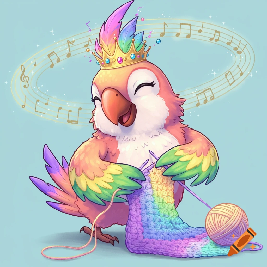 A colorful animated parrot wearing a crown happily crochets a rainbow-colored blanket while musical notes float around its head.