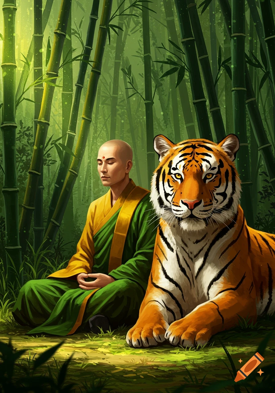 A bald monk in green and yellow robes meditates cross-legged next to a tiger in a lush bamboo forest, rendered in a detailed illustration style.