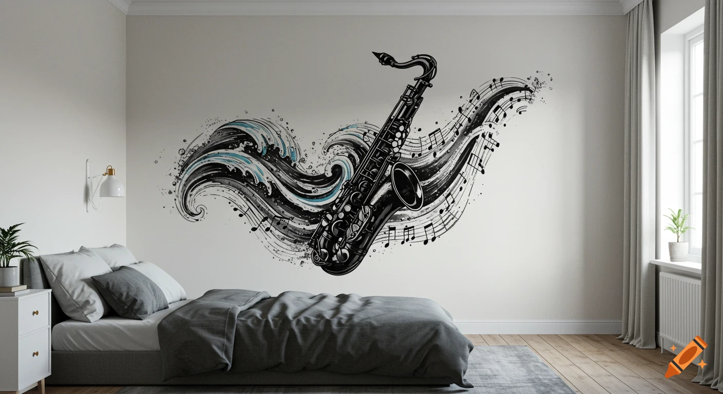 A black saxophone mural with musical notes and waves on a white bedroom wall above a bed.