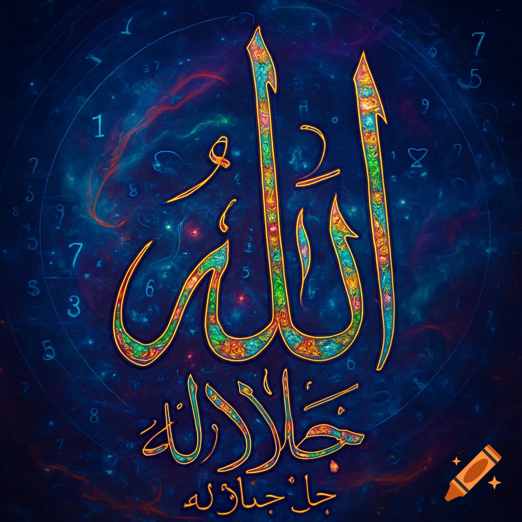 Vibrant Arabic calligraphy of 'Allah "," جل جلاله' (Allah, glorious is His Majesty) in intricate colors against a dark cosmic background with numbers.