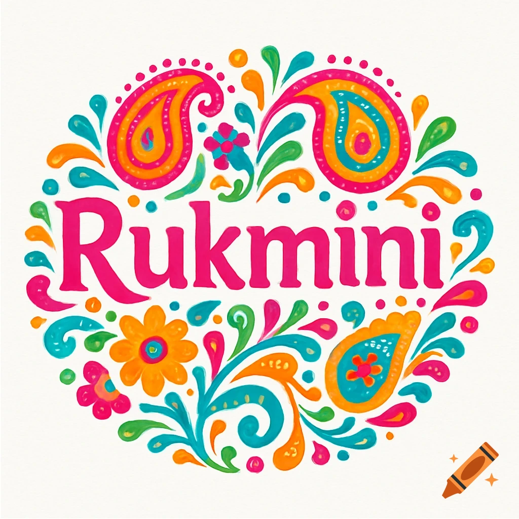 Vibrant circular logo with 'Rukmini' in pink surrounded by colorful paisley and floral patterns in orange, teal, and green on a white background.