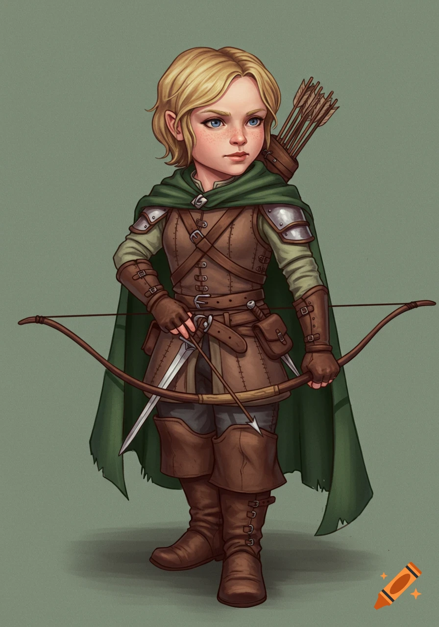 A short blonde female fantasy character in leather armor and green cloak, holding a shortbow, with quiver, sword, and dagger.