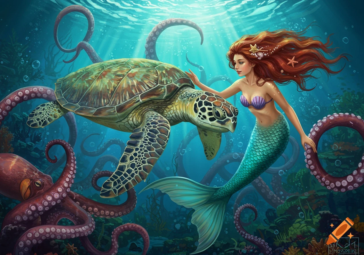 A red-haired mermaid in a seashell bra swims underwater with a sea turtle, surrounded by octopus tentacles.