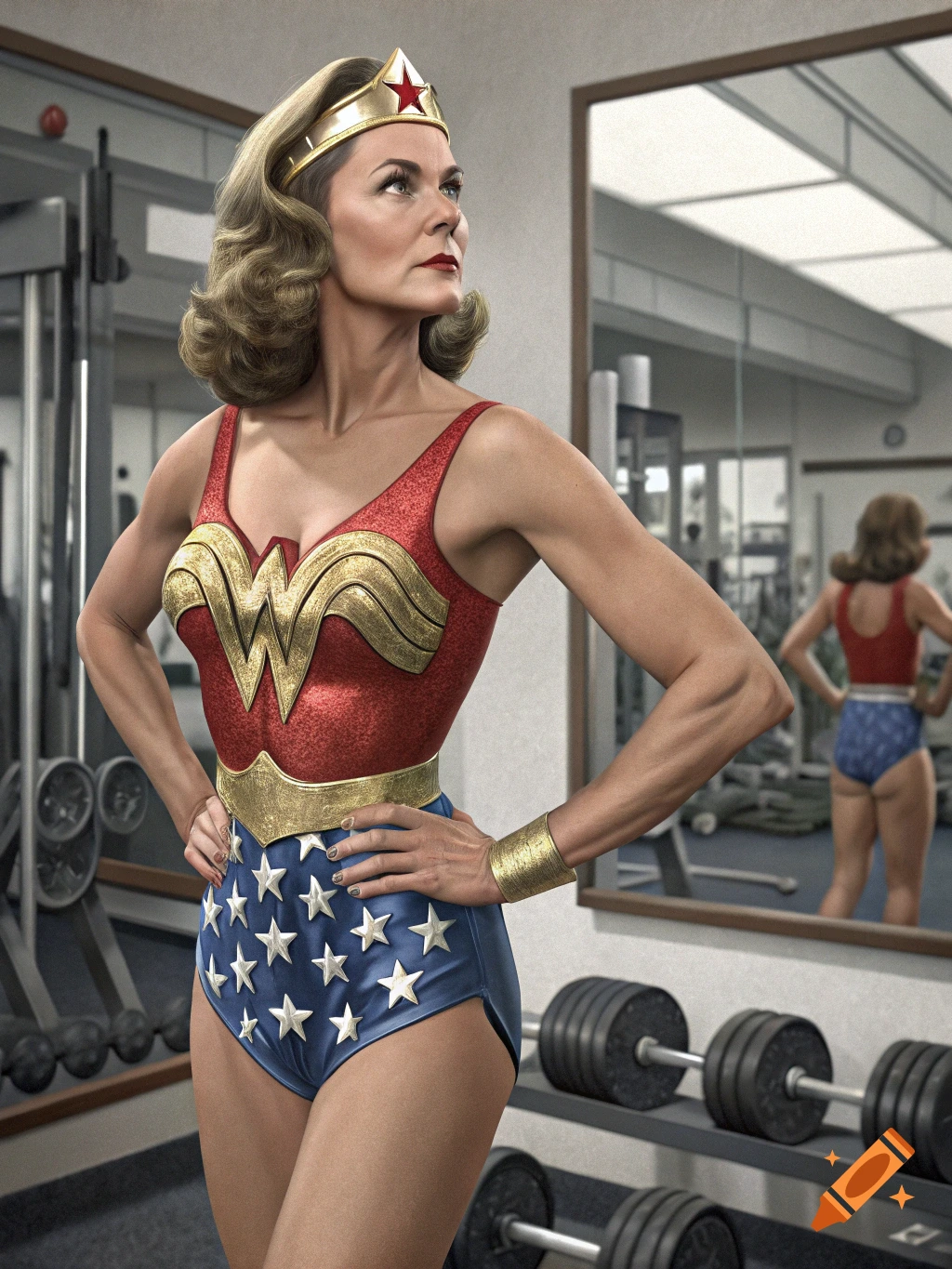 A photorealistic image of a woman dressed as Wonder Woman posing confidently in a gym, with her reflection visible in a mirror.