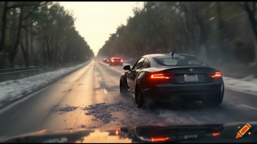 Photorealistic view of a dark sports car driving on a wet road with snow on the sides, followed by other cars in the distance.