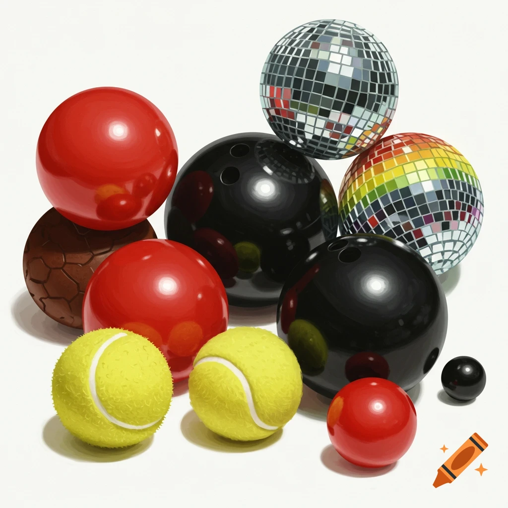 A still life arrangement of various balls, including red billiard balls, black bowling balls, silver and rainbow disco balls, and yellow tennis balls.