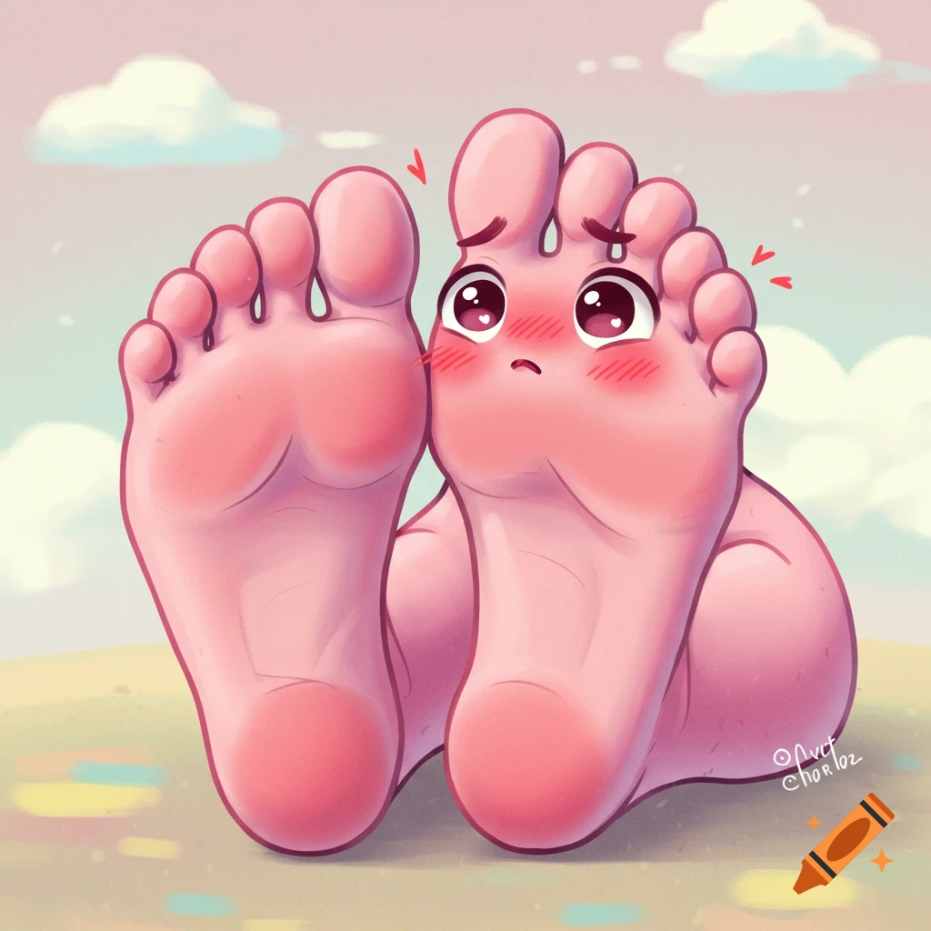 Two cartoon pink feet, one with a blushing, embarrassed face, resting on sand under a cloudy sky.