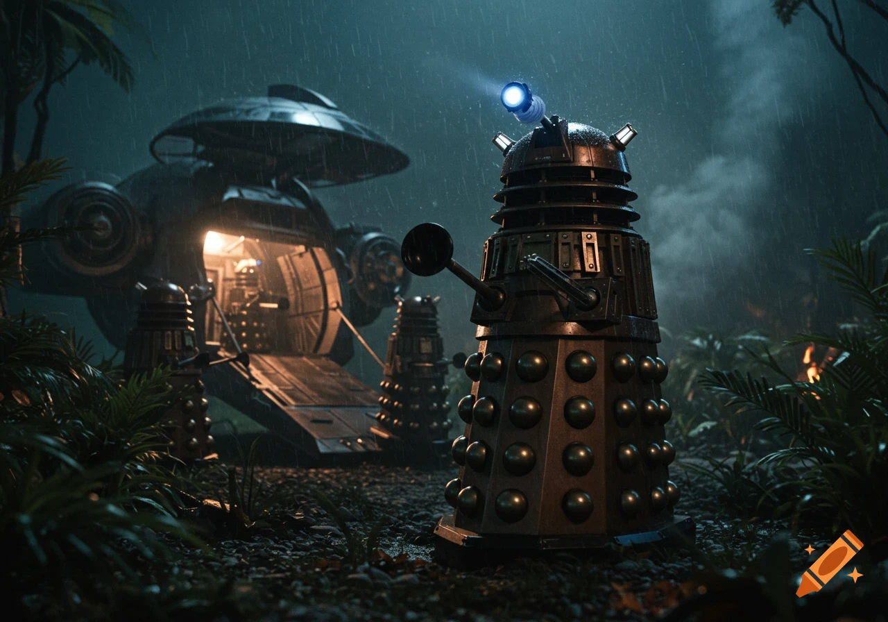 A photorealistic image of a Dalek standing in the rain on a jungle planet, with a glowing spaceship and other Daleks in the background.