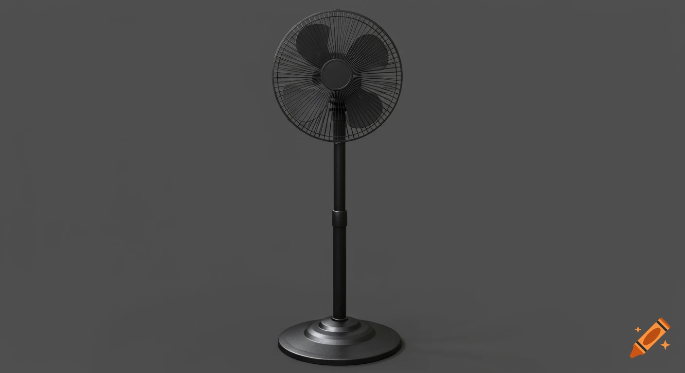 A black standing fan is centered against a plain gray background. The image is photorealistic.
