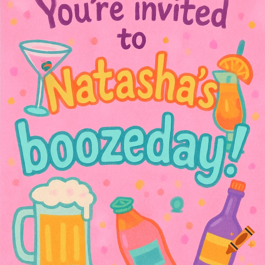 A colorful cartoon invitation with text 'You're invited to Natasha's boozeday!', surrounded by various alcoholic drinks.