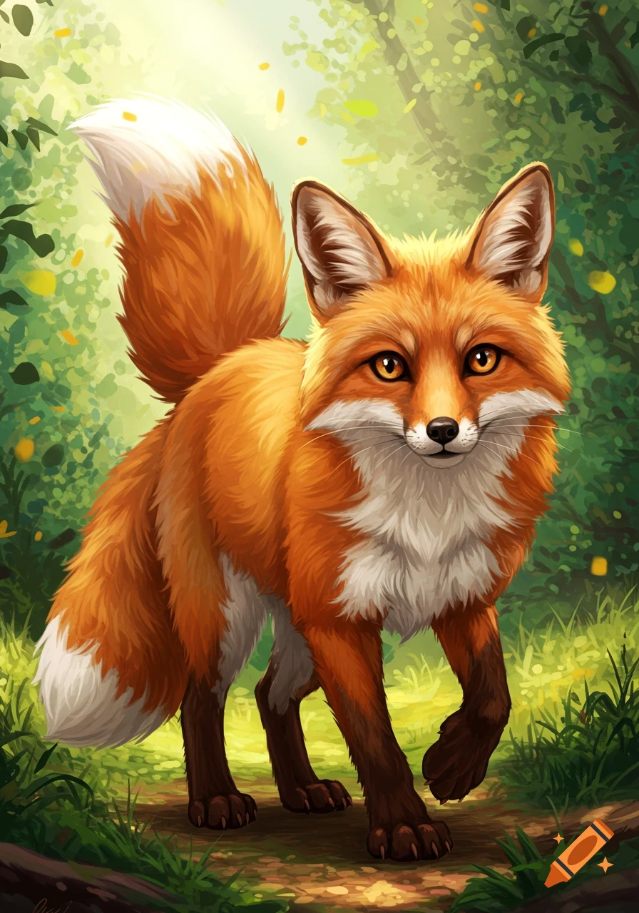 A vibrant illustration of a fluffy orange fox with a white chest and tail tip, standing in a sunlit green forest.