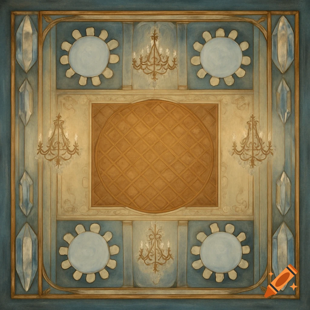 Elegant top-down view of a decorative ceiling or floor plan in blue and gold, featuring ornate chandeliers and geometric patterns.