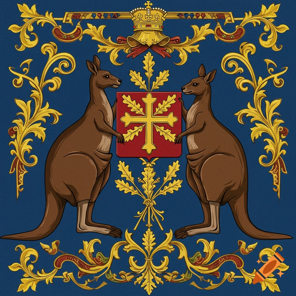 A vibrant coat of arms featuring two brown kangaroos holding a red shield with a golden cross, surrounded by ornate gold scrollwork on a blue background.