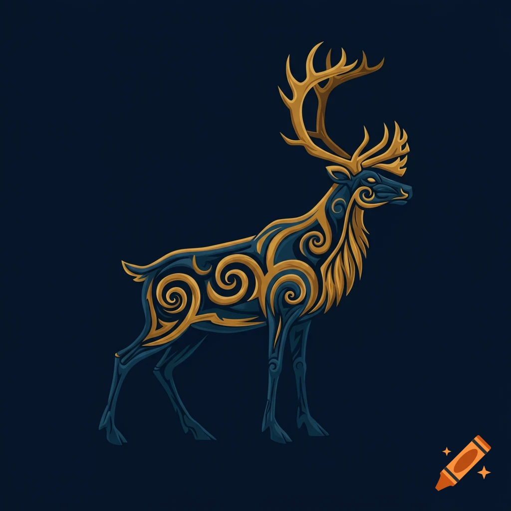 A stylized gold and dark blue caribou with intricate swirl patterns standing against a dark background.