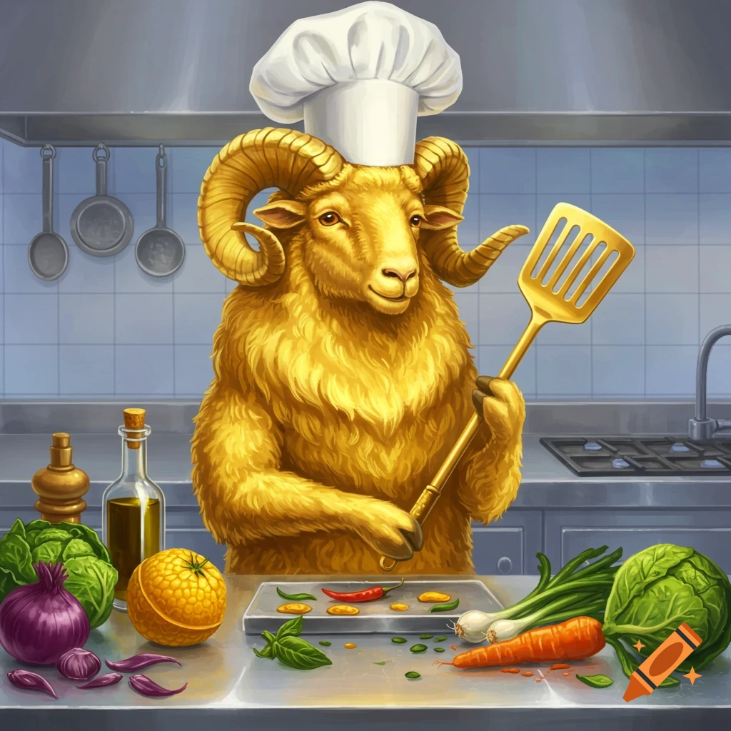 A golden ram chef wearing a tall white hat stands in a kitchen, holding a golden spatula over a counter full of colorful vegetables.