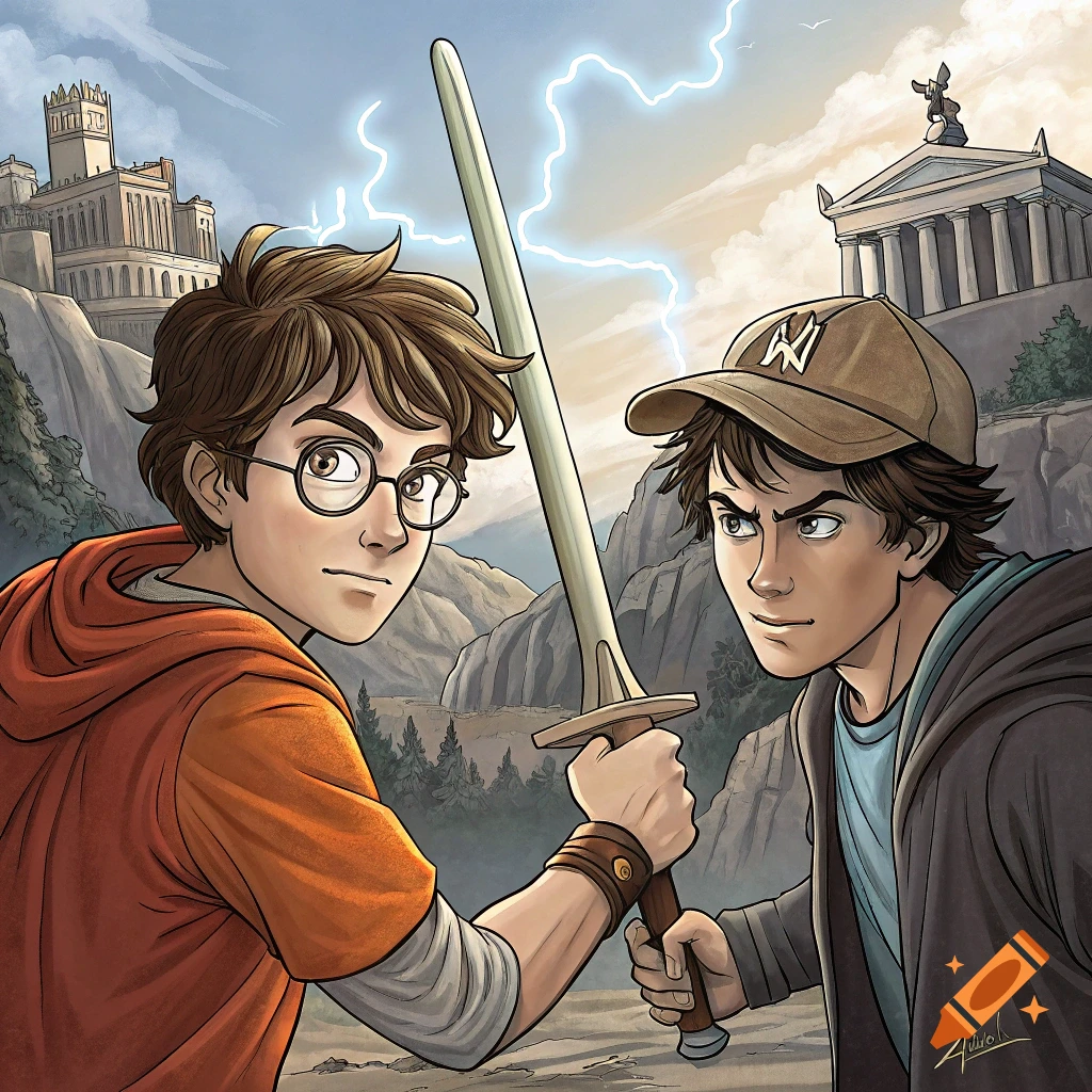 Comic illustration of two young men, one with glasses and an orange hoodie, the other in a baseball cap, jointly holding a sword in a fantasy landscape with classical buildings and lightning.