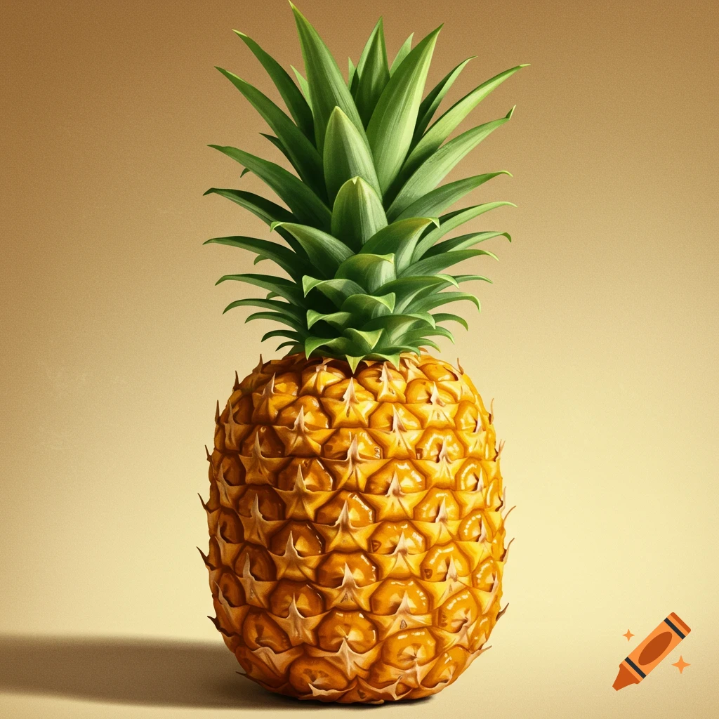 A photorealistic pineapple standing upright against a plain light brown background.