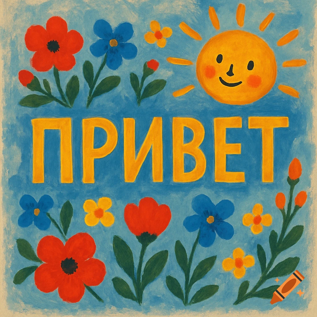A folk art illustration of the Cyrillic word 'ПРИВЕТ' in yellow, surrounded by red, blue, and yellow flowers and a smiling sun on a blue background.