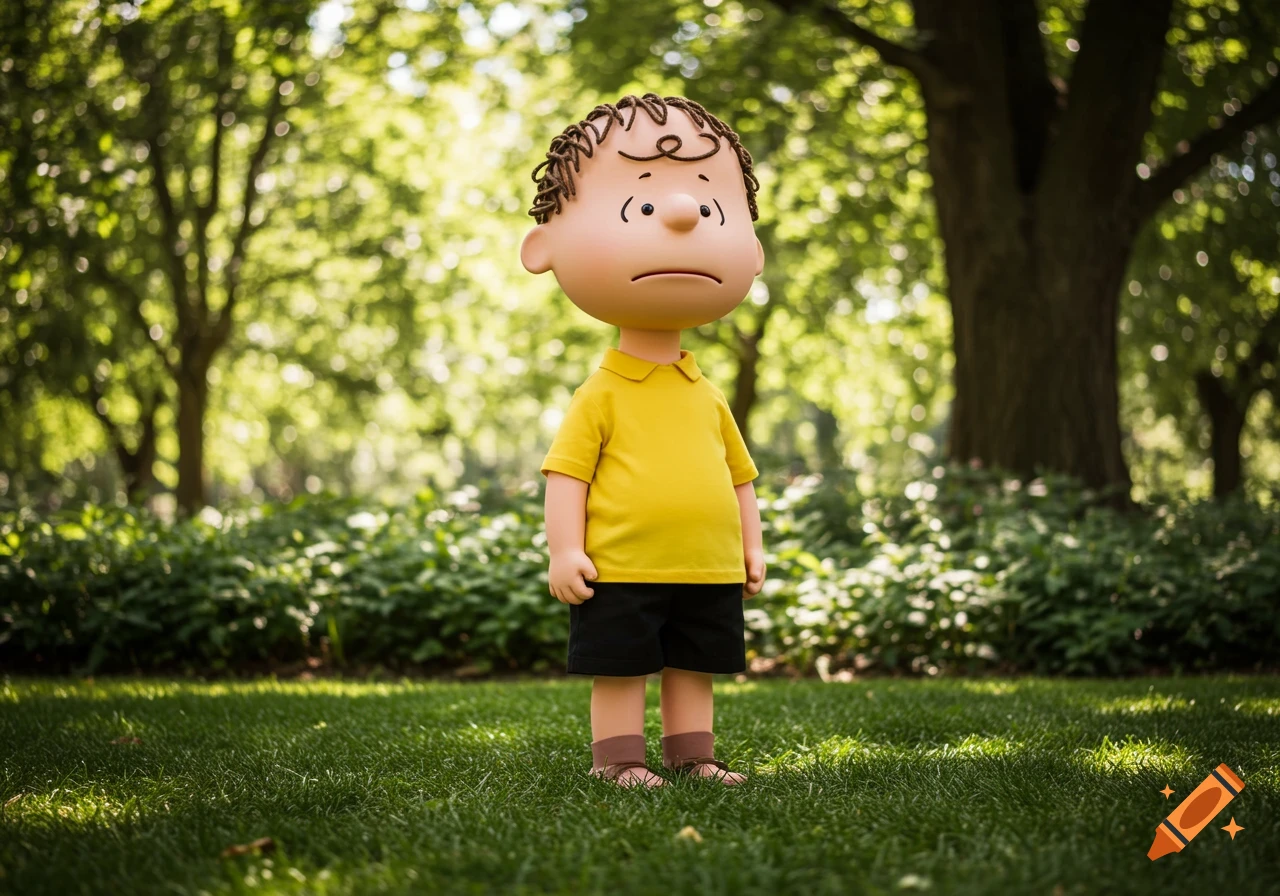 3D rendered image of Charlie Brown standing in a sunny park looking dejected.