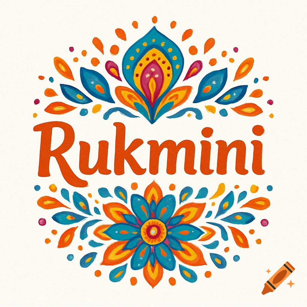 A vibrant orange word 'Rukmini' in a playful, hand-drawn font, surrounded by colorful rangoli-inspired patterns on a white background.