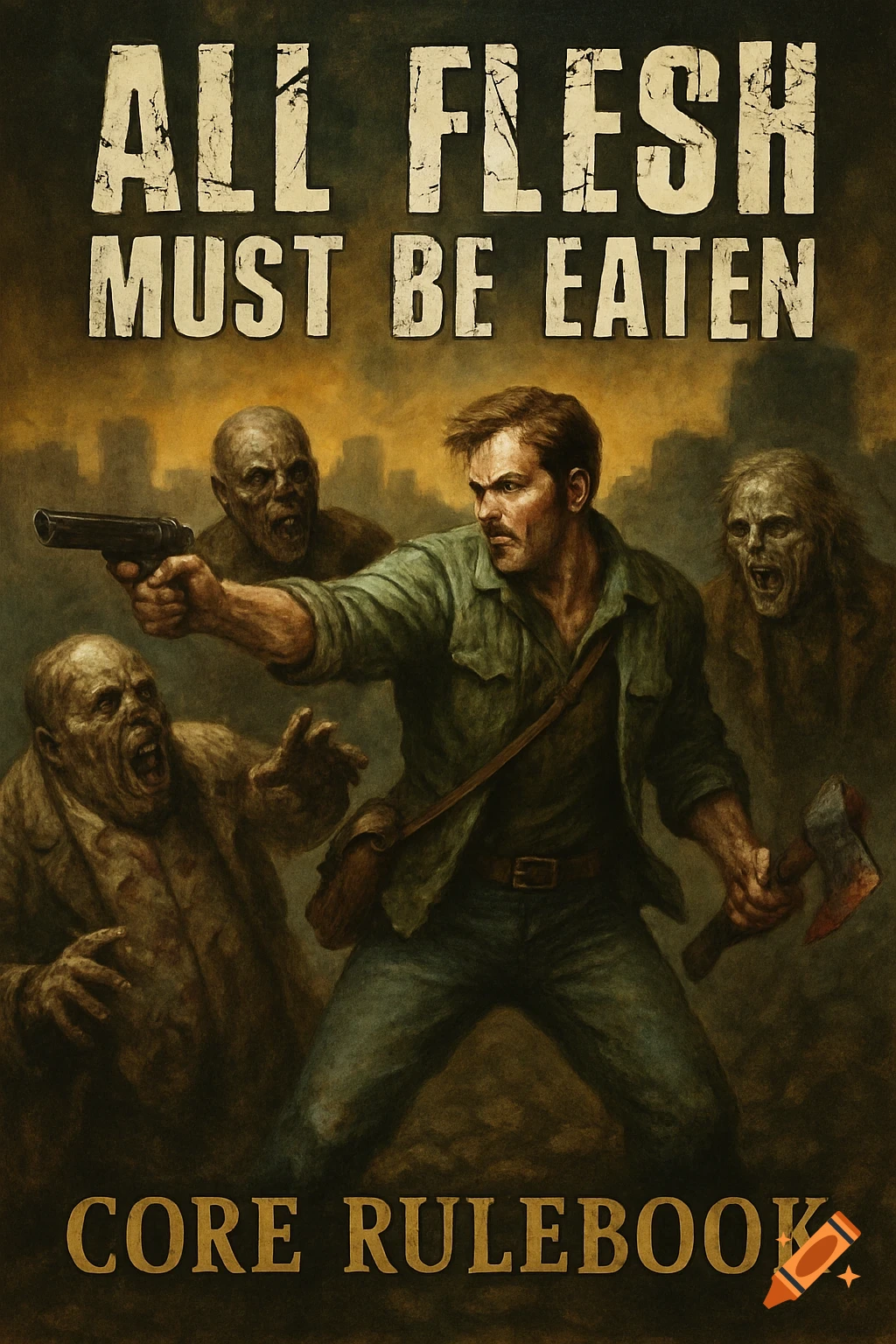 A grim painting of a man with a gun and axe fighting zombies in a ruined city. Text reads 'ALL FLESH MUST BE EATEN CORE RULEBOOK'.