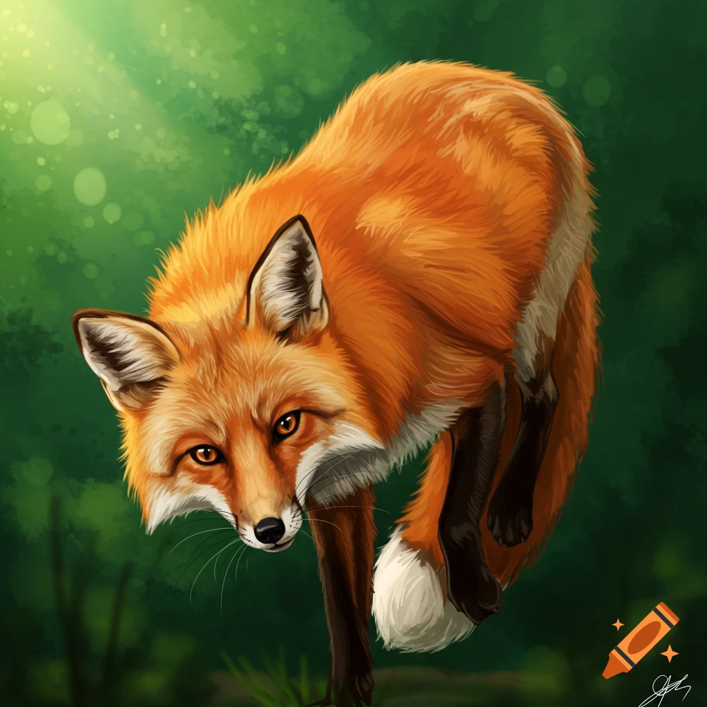 A vibrant orange-red fox with white markings stares intently at the viewer in a lush green digital painting.
