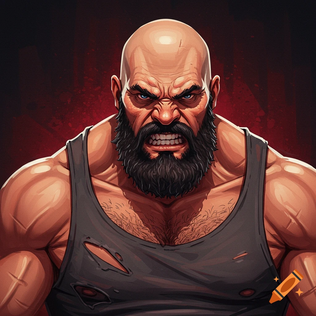 A stylized, angry bald man with a beard and ripped tank top glaring intensely.