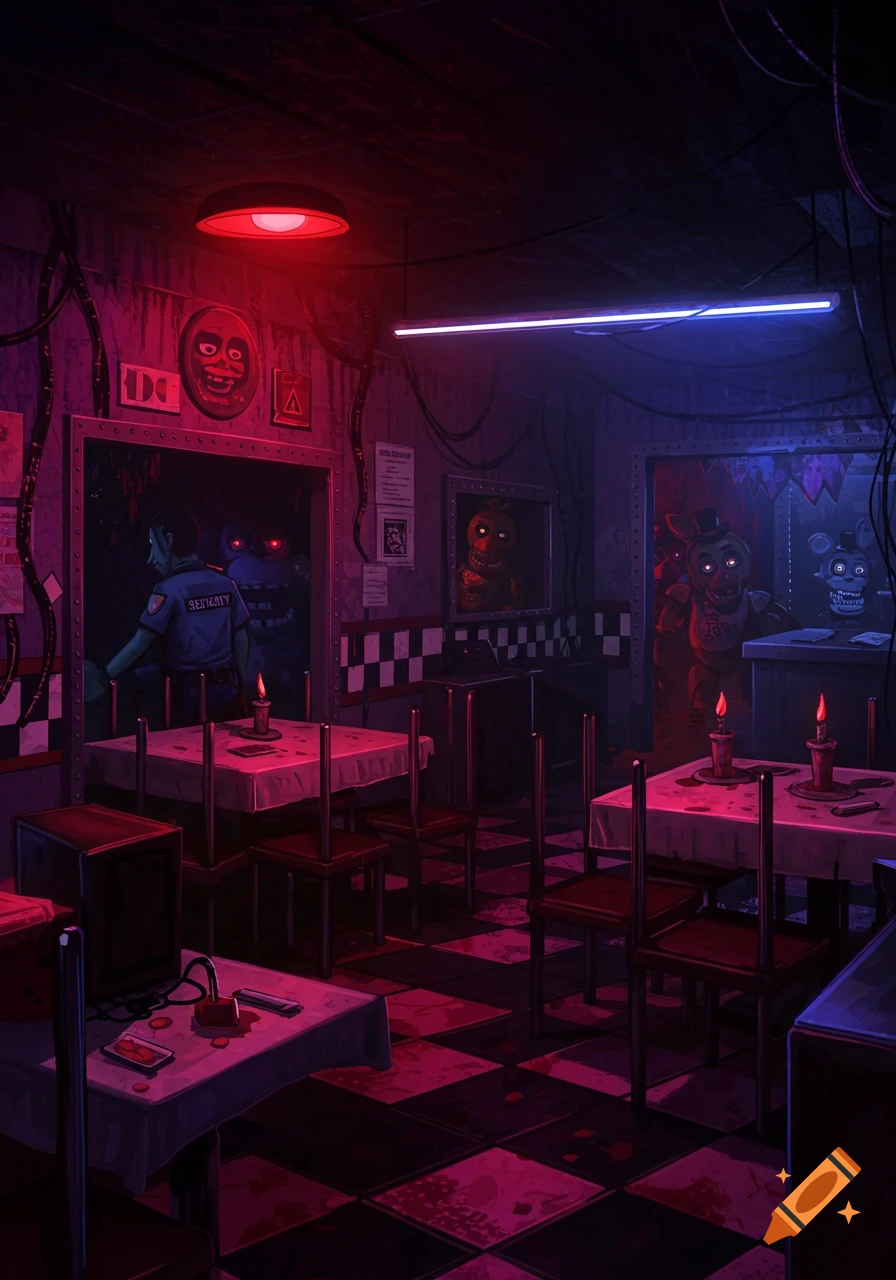 Dark and eerie interior of a diner or restaurant, featuring tables with candles, checkered floor, and shadowy animatronic characters in a horror game art style.