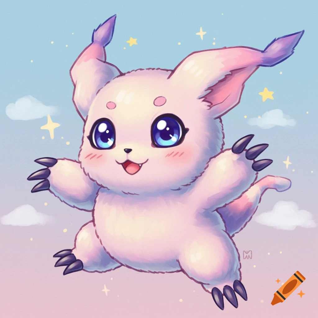 A cute, fluffy pink and white cartoon creature with large blue eyes smiles while floating in a pastel sky with stars and clouds.