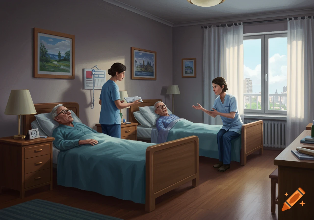 An illustrative scene of a care home room with two elderly men in beds and two female caregivers attending to them.
